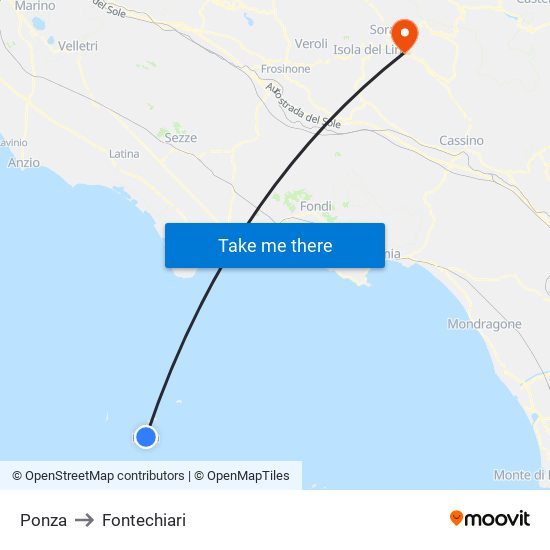 Ponza to Fontechiari map