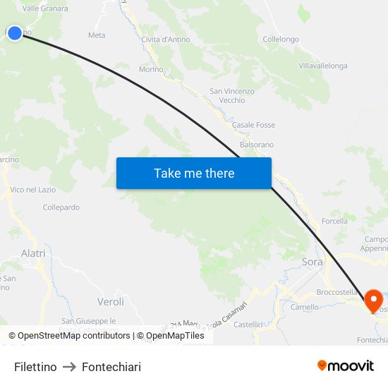Filettino to Fontechiari map