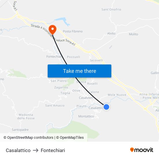 Casalattico to Fontechiari map