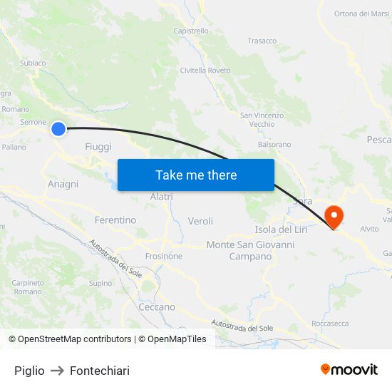 Piglio to Fontechiari map