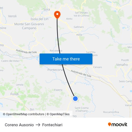 Coreno Ausonio to Fontechiari map