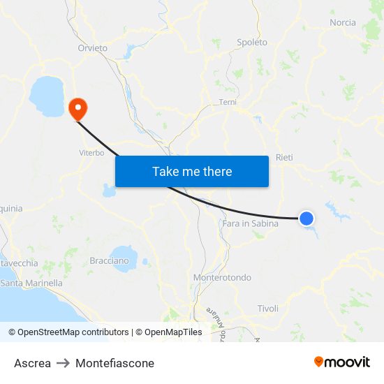 Ascrea to Montefiascone map