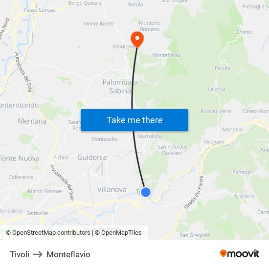 Tivoli to Monteflavio map