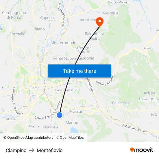 Ciampino to Monteflavio map
