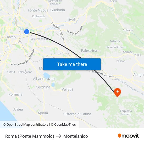 Roma (Ponte Mammolo) to Montelanico map