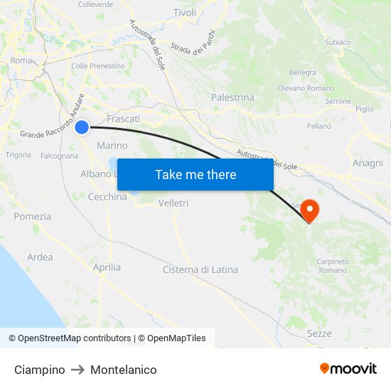 Ciampino to Montelanico map