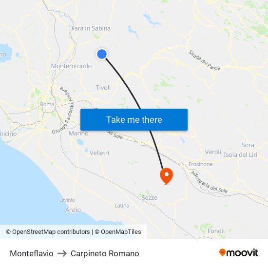 Monteflavio to Carpineto Romano map