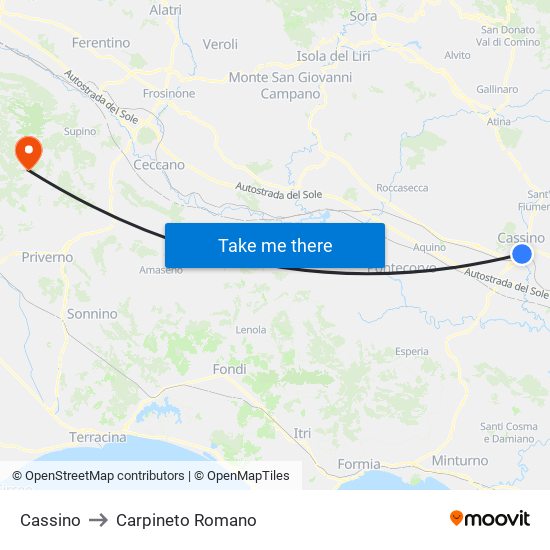 Cassino to Carpineto Romano map