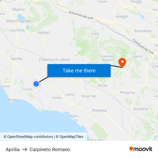 Aprilia to Carpineto Romano map
