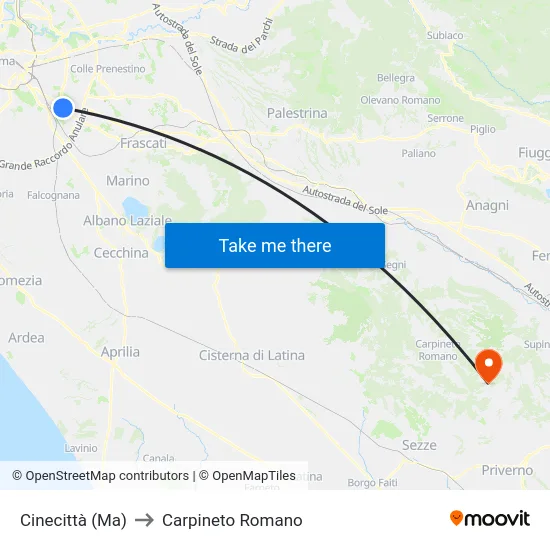 Cinecittà (Metro A) to Carpineto Romano map