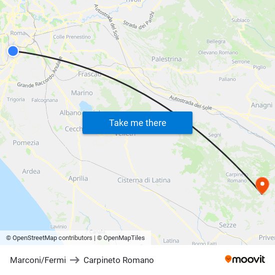 Marconi/Fermi to Carpineto Romano map