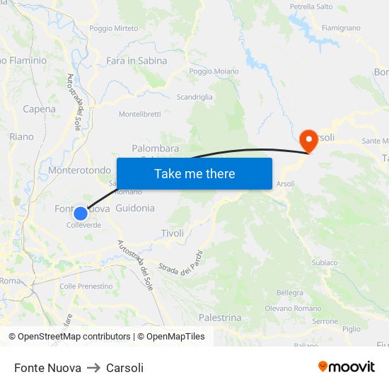 Fonte Nuova to Carsoli map