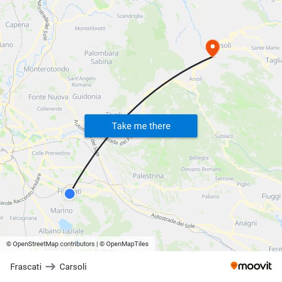 Frascati to Carsoli map