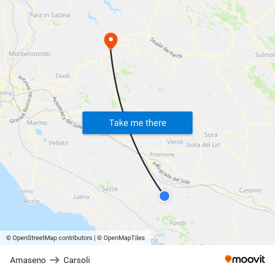 Amaseno to Carsoli map