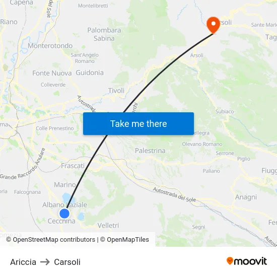 Ariccia to Carsoli map