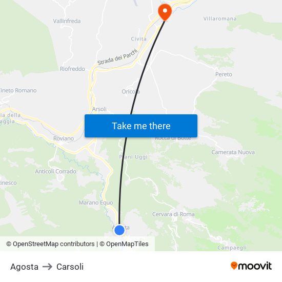 Agosta to Carsoli map