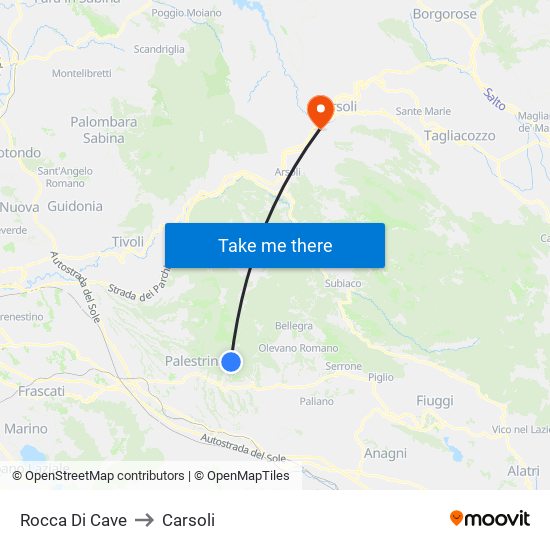 Rocca Di Cave to Carsoli map