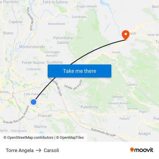 Torre Angela to Carsoli map