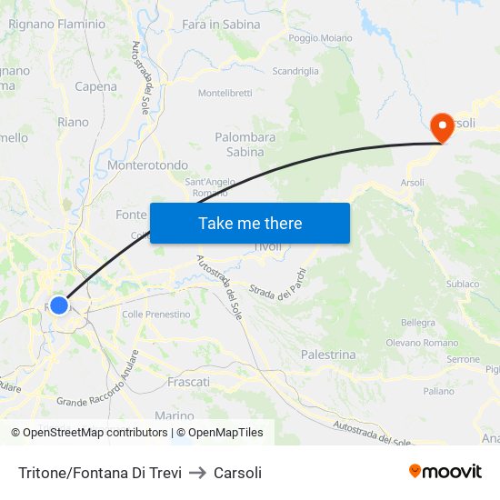 Tritone/Fontana Di Trevi to Carsoli map