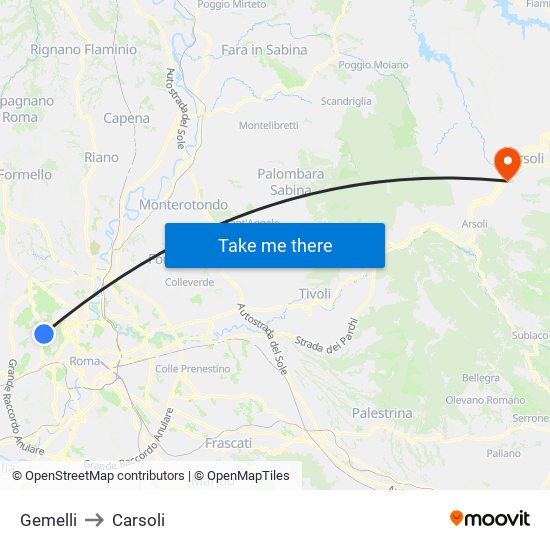 Gemelli to Carsoli map