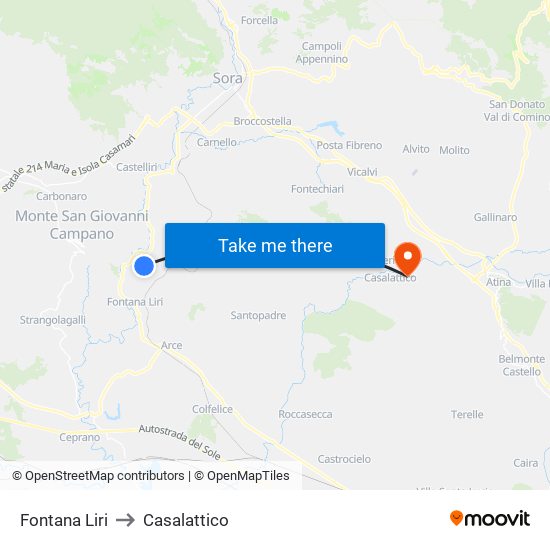 Fontana Liri to Casalattico map