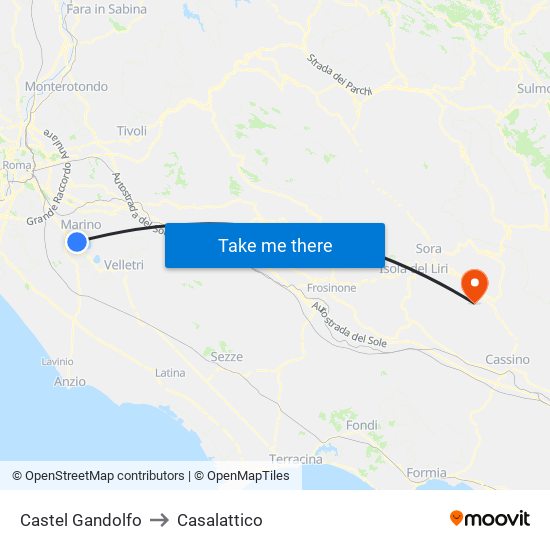 Castel Gandolfo to Casalattico map