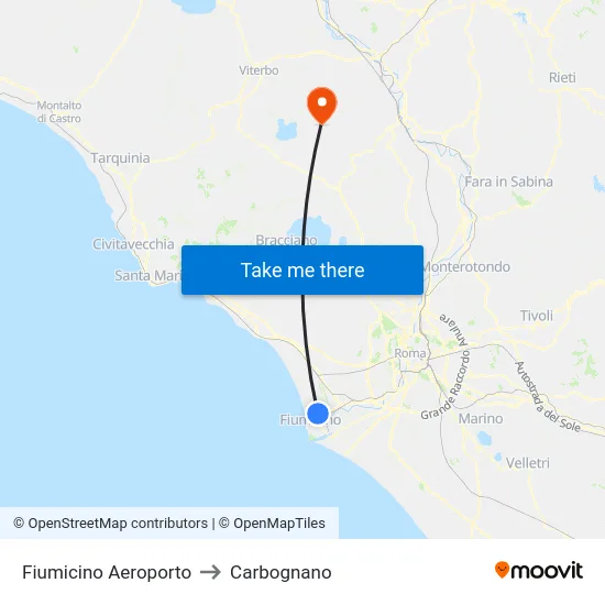 Fiumicino Airport to Carbognano map
