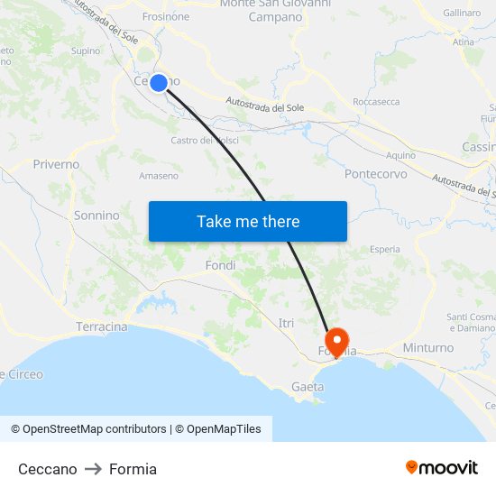 Ceccano to Formia map