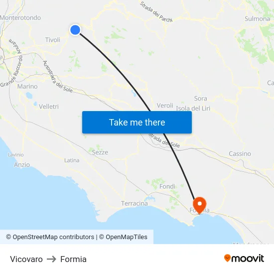 Vicovaro to Formia map