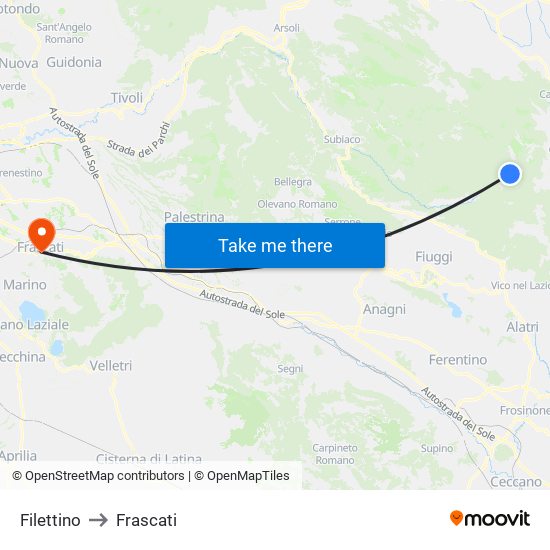 Filettino to Frascati map