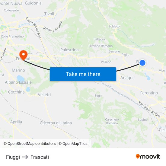 Fiuggi to Frascati map