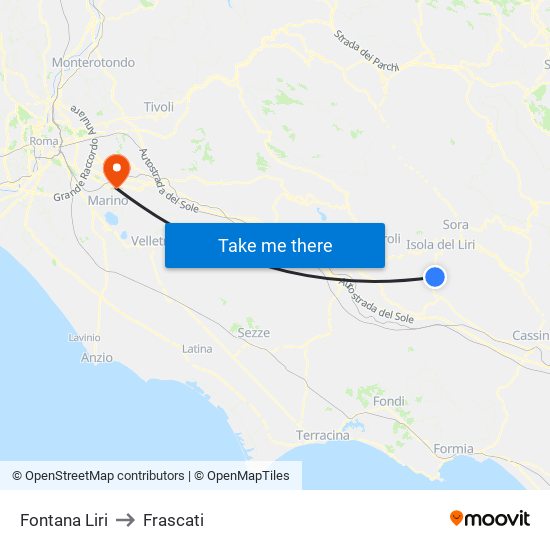 Fontana Liri to Frascati map