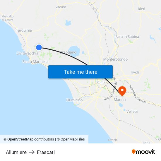 Allumiere to Frascati map