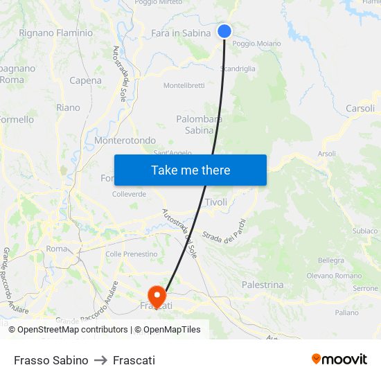 Frasso Sabino to Frascati map