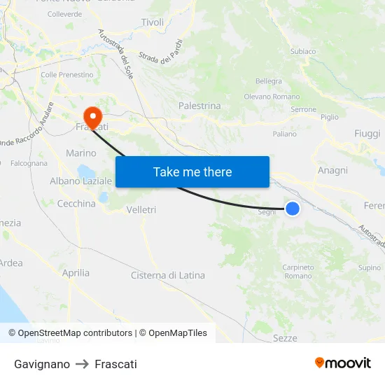 Gavignano to Frascati map