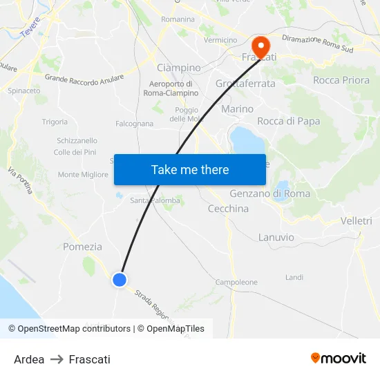 Ardea to Frascati map