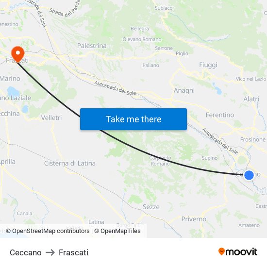 Ceccano to Frascati map