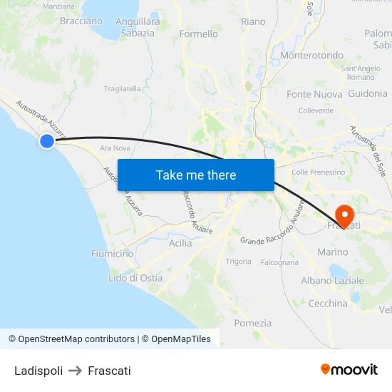 Ladispoli to Frascati map