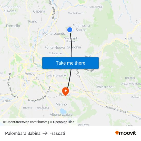 Palombara Sabina to Frascati map