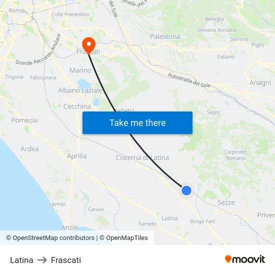 Latina to Frascati map