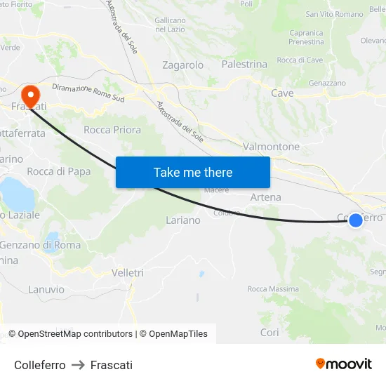 Colleferro to Frascati map
