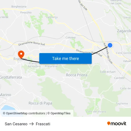 San Cesareo to Frascati map