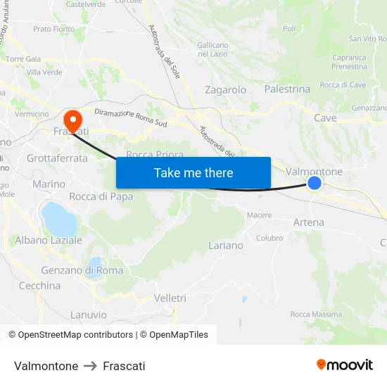Valmontone to Frascati map