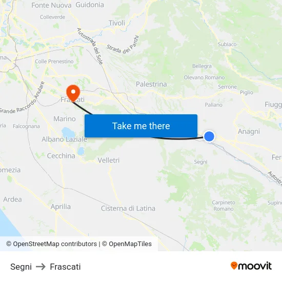 Segni to Frascati map