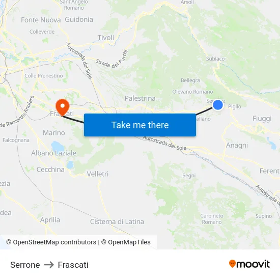 Serrone to Frascati map