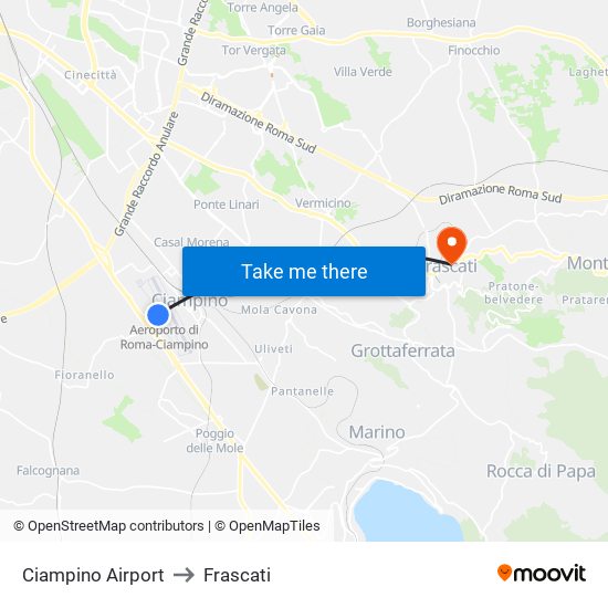 Ciampino Airport to Frascati map