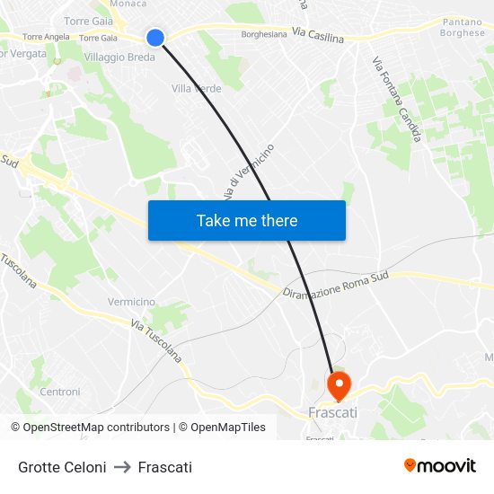 Grotte Celoni to Frascati map