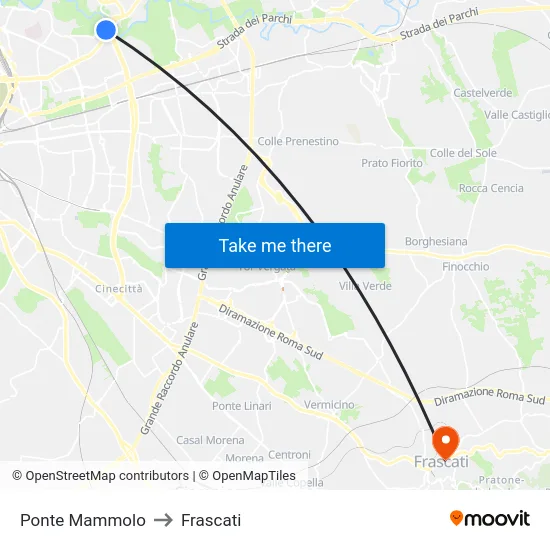 Ponte Mammolo to Frascati map