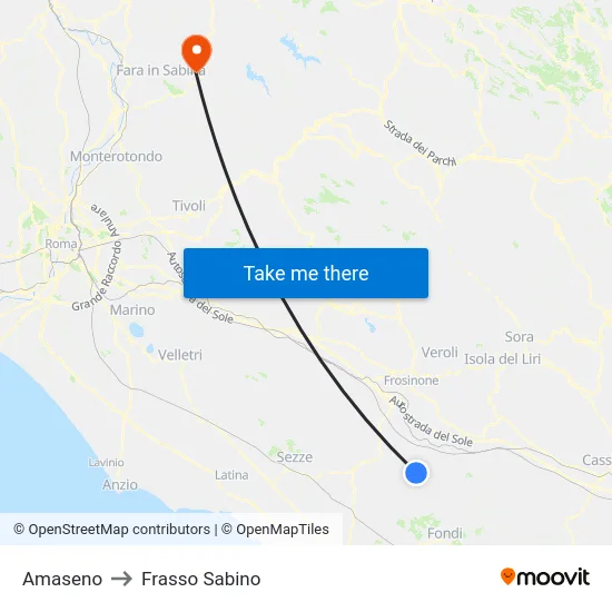 Amaseno to Frasso Sabino map