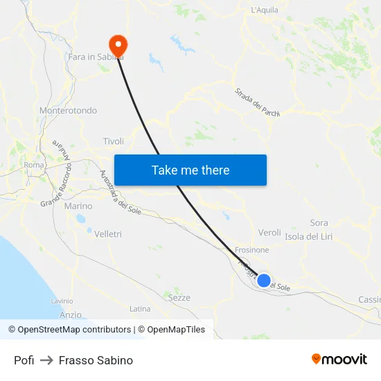 Pofi to Frasso Sabino map
